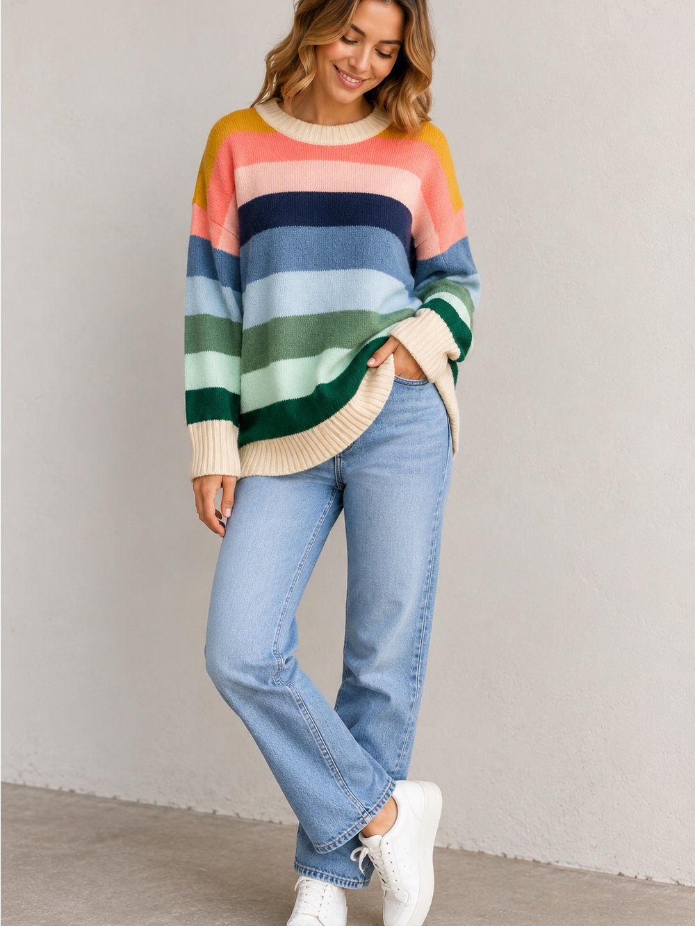 GAP Multicolor Rainbow Striped Relaxed Crewneck Sweater Medium